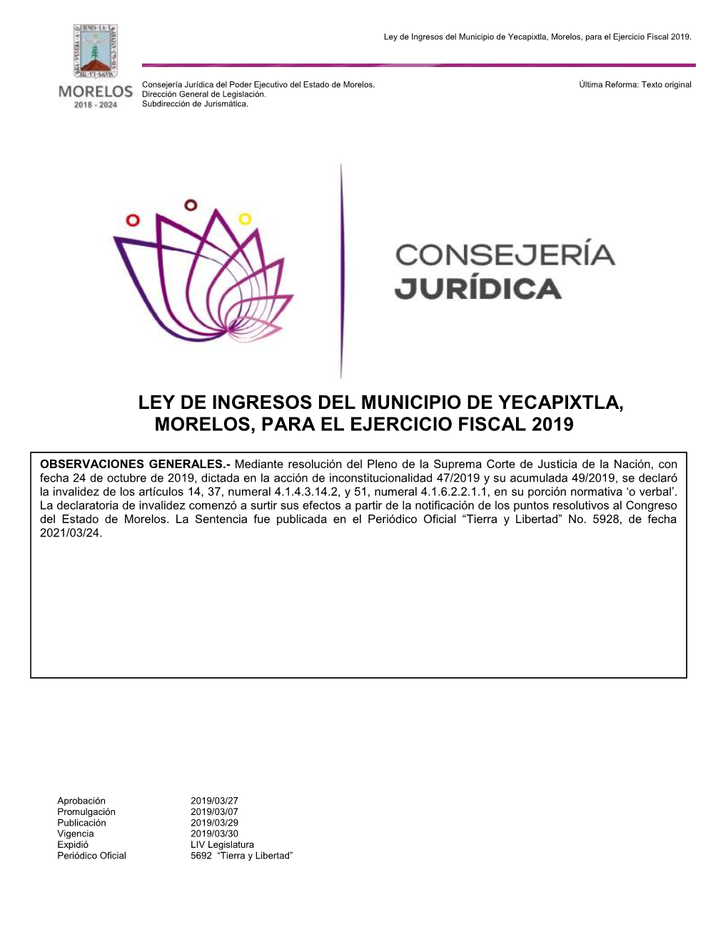 Ley De Ingresos Del Municipio De Yecapixtla, Morelos, Para El Ejercicio Fiscal 2019