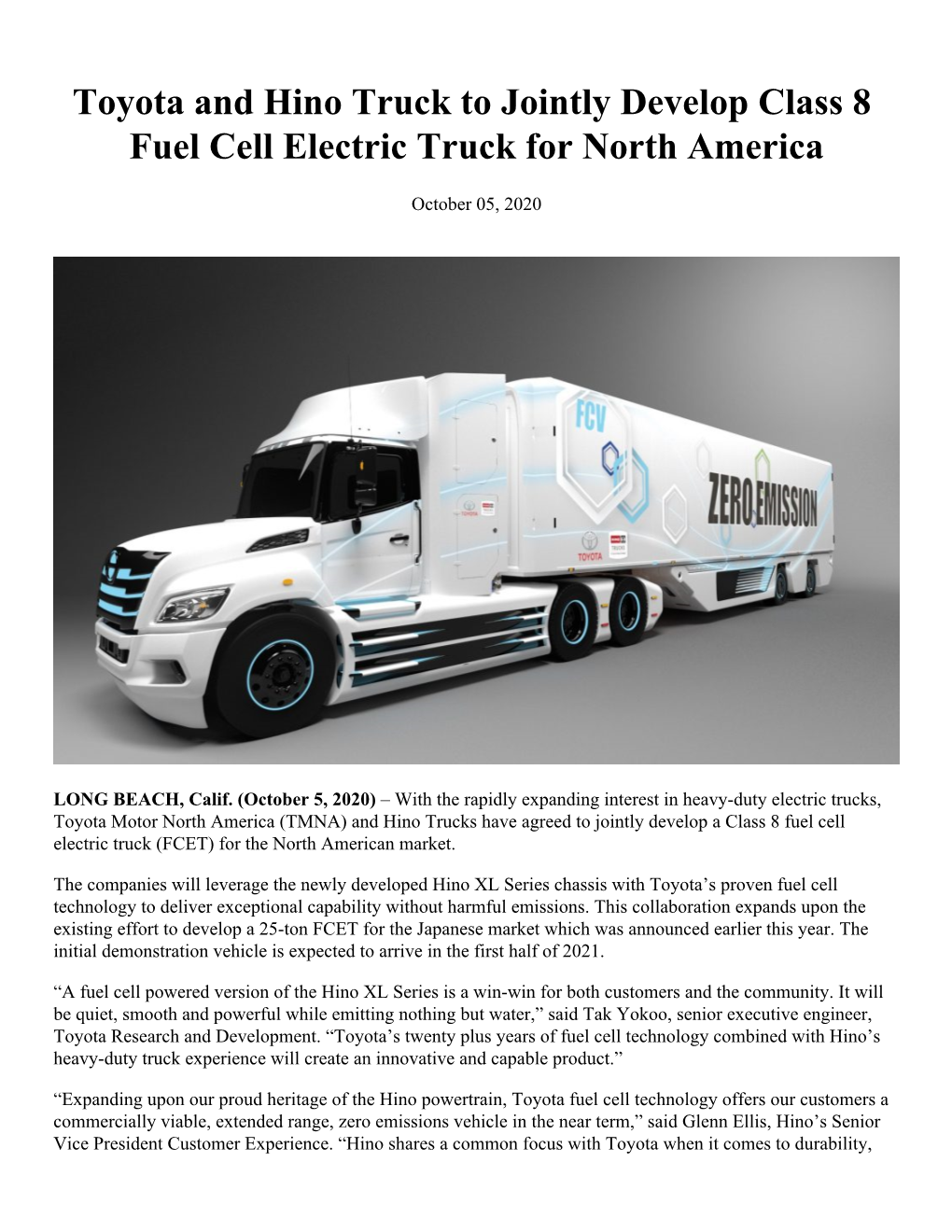 Toyota and Hino Truck to Jointly Develop Class 8 Fuel Cell Electric Truck for North America