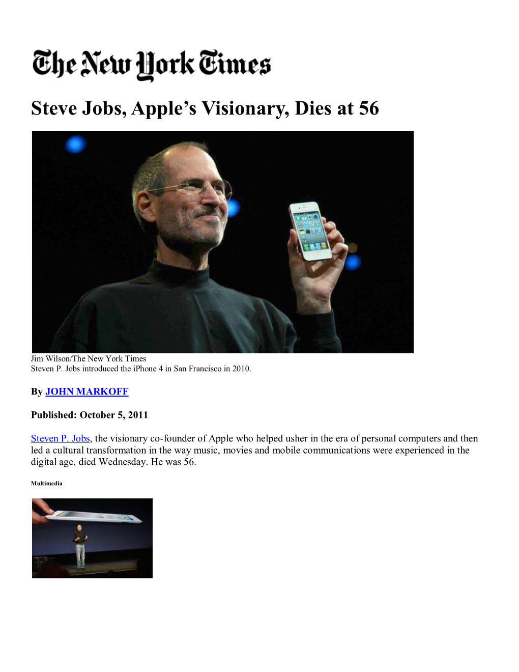 Steve Jobs, Apple's Visionary, Dies at 56