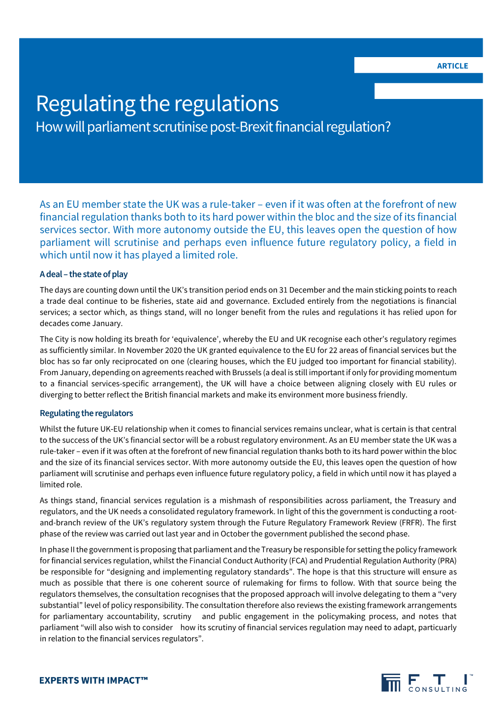 Regulating the Regulations How Will Parliament Scrutinise Post-Brexit Financial Regulation?