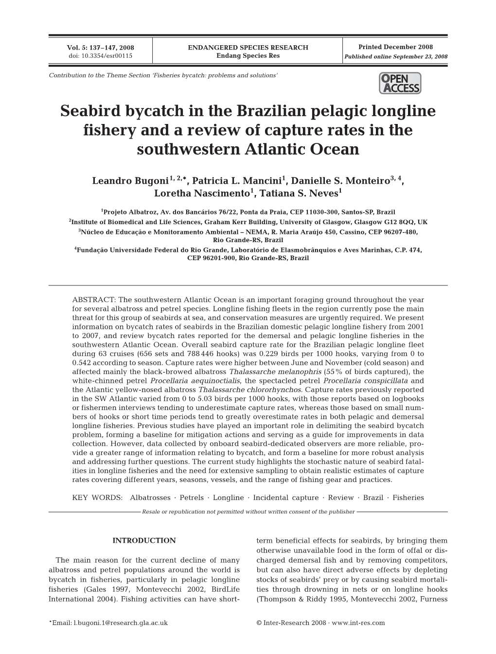 Seabird Bycatch in the Brazilian Pelagic Longline Fishery and a Review of Capture Rates in the Southwestern Atlantic Ocean