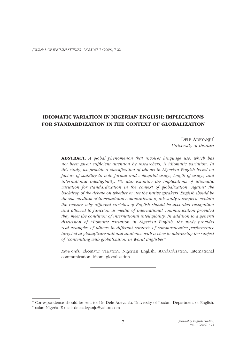 Idiomatic Variation in Nigerian English: Implications for Standardization in the Context of Globalization