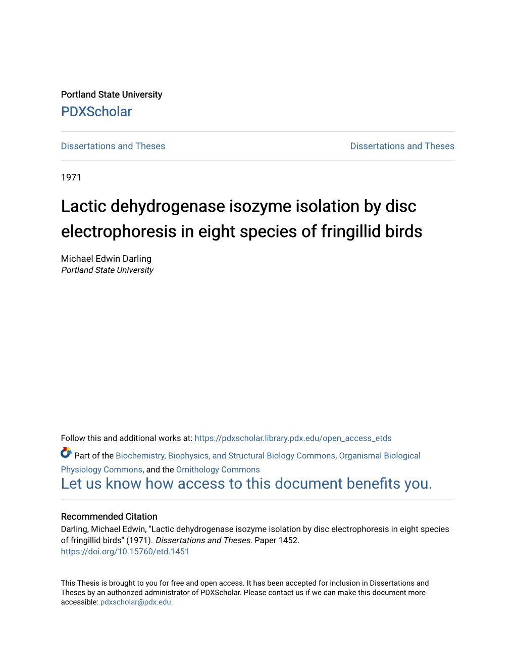 Lactic Dehydrogenase Isozyme Isolation by Disc Electrophoresis in Eight Species of Fringillid Birds