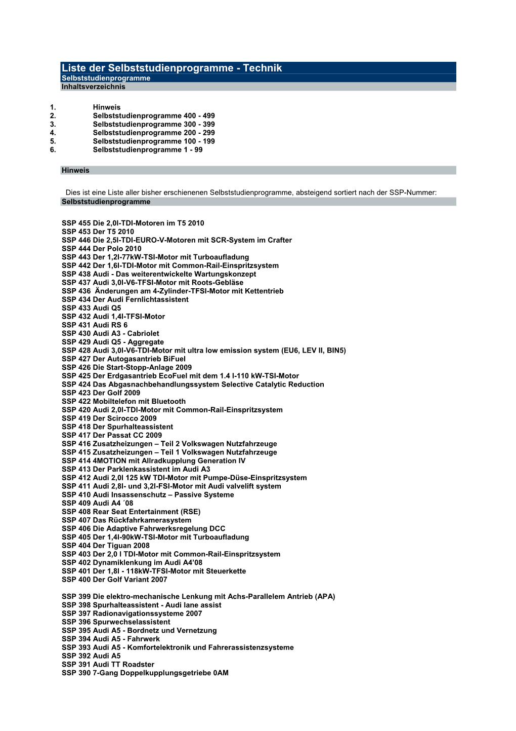 Liste Der Selbststudienprogramme - Technik Selbststudienprogramme Inhaltsverzeichnis