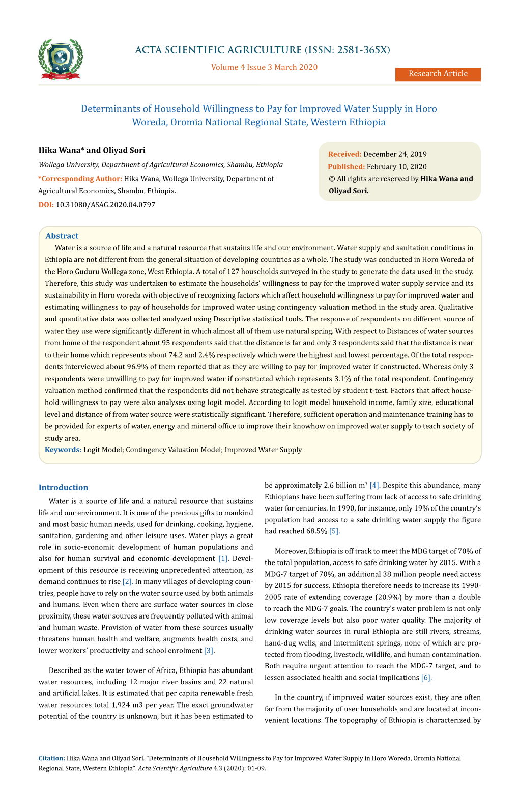 Determinants of Household Willingness to Pay for Improved Water Supply in Horo Woreda, Oromia National Regional State, Western Ethiopia