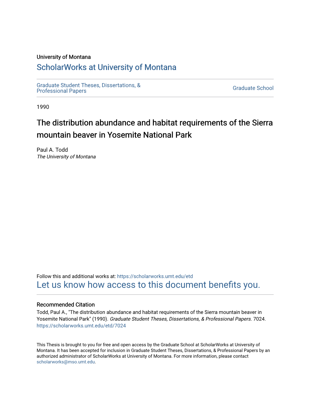 The Distribution Abundance and Habitat Requirements of the Sierra Mountain Beaver in Yosemite National Park