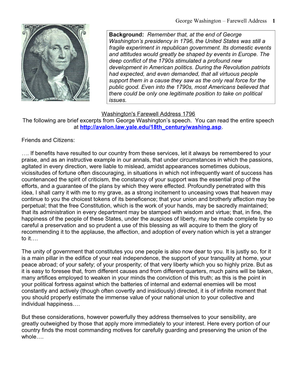 Washington's Farewell Address 1796