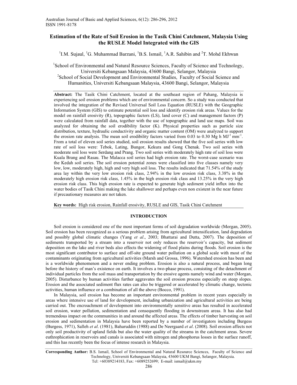 Estimation of the Rate of Soil Erosion in the Tasik Chini Catchment, Malaysia Using the RUSLE Model Integrated with the GIS