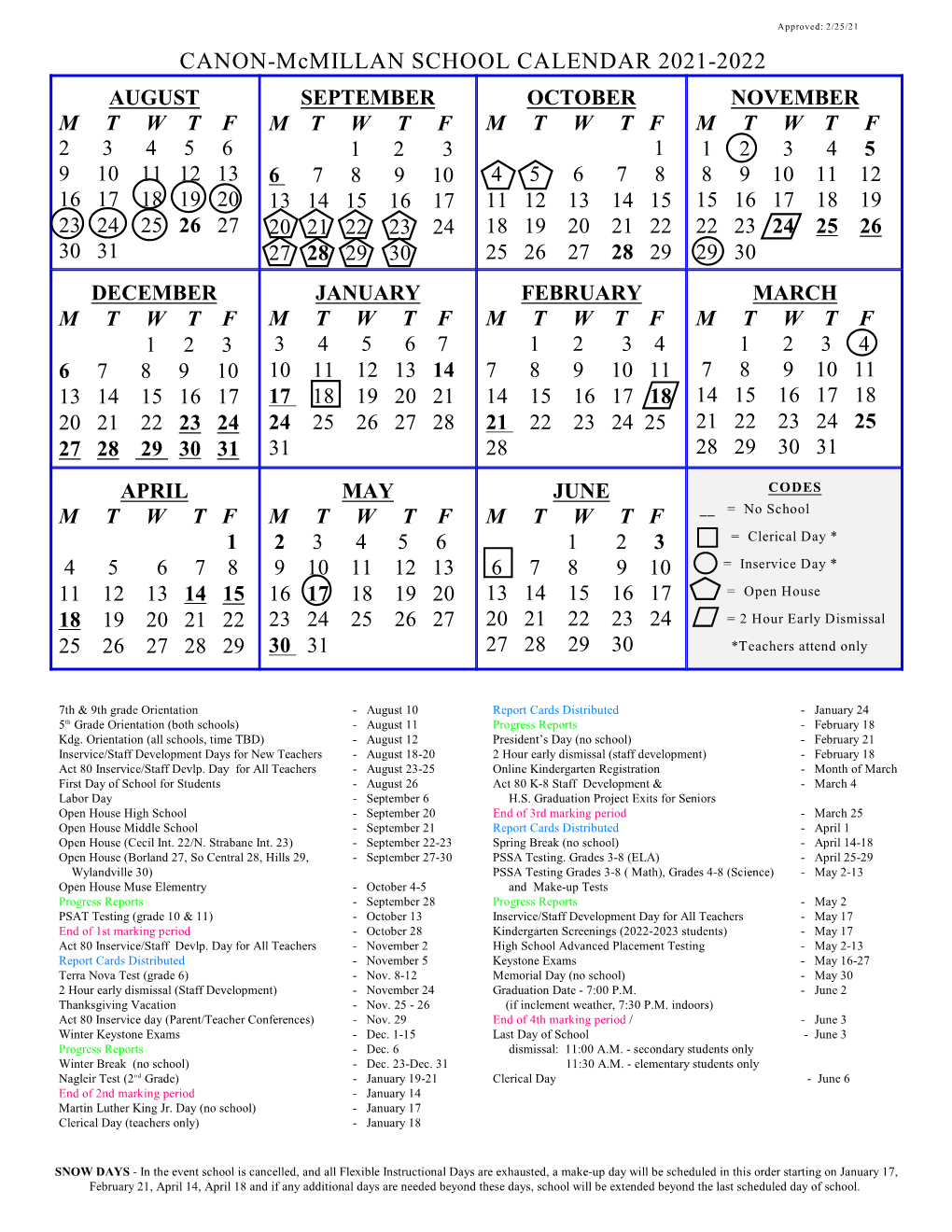 2021-2022 School Calendar