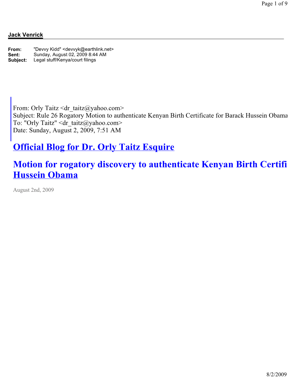 Official Blog for Dr. Orly Taitz Esquire Motion for Rogatory Discovery to Authenticate Kenyan Birth Certificate of Barack Hussein Obama