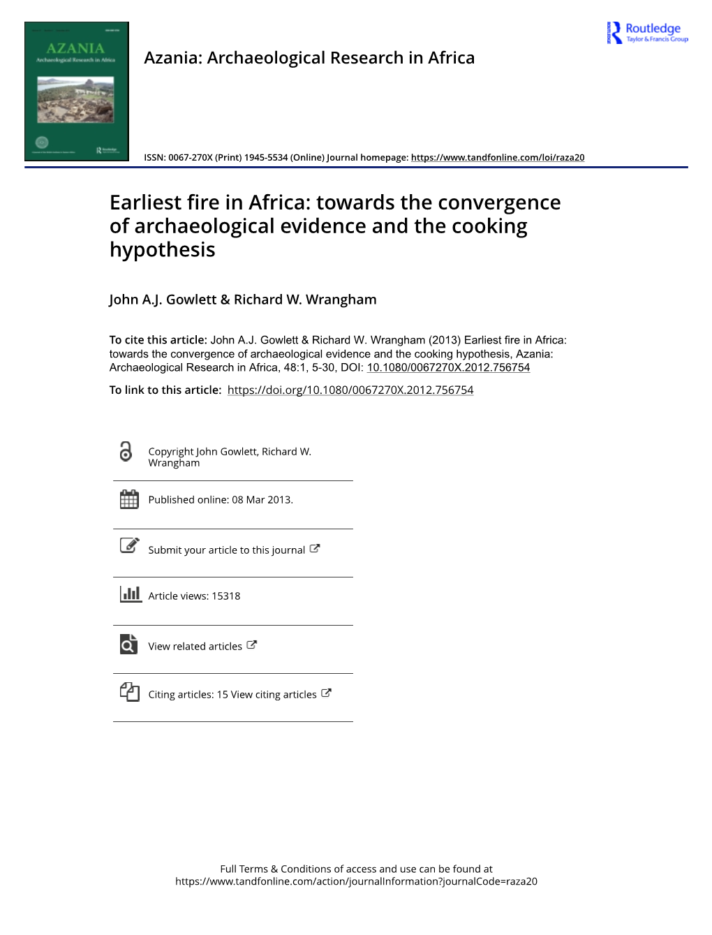 Earliest Fire in Africa: Towards the Convergence of Archaeological Evidence and the Cooking Hypothesis