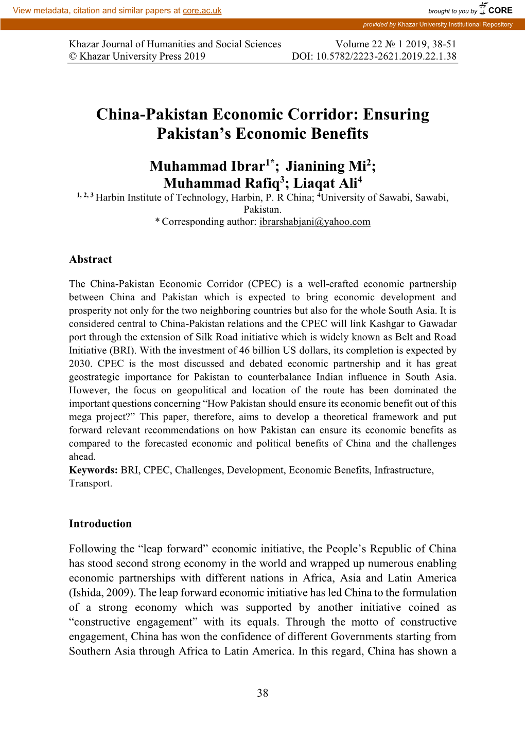 China-Pakistan Economic Corridor: Ensuring Pakistan’S Economic Benefits