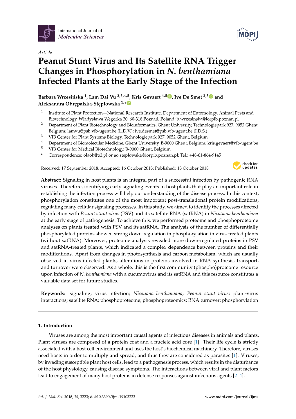 Peanut Stunt Virus and Its Satellite RNA Trigger Changes in Phosphorylation in N. Benthamiana Infected Plants at the Early Stage of the Infection