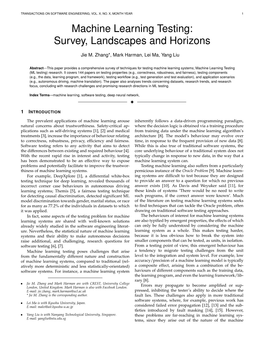 Machine Learning Testing: Survey, Landscapes and Horizons