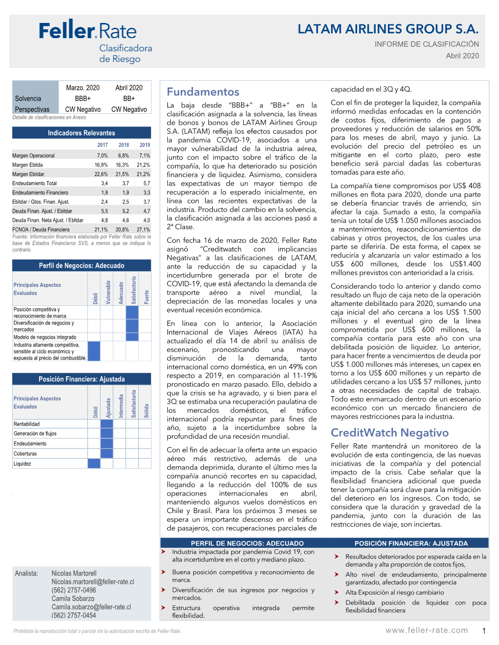 LATAM AIRLINES GROUP S.A. INFORME DE CLASIFICACIÓN Abril 2020