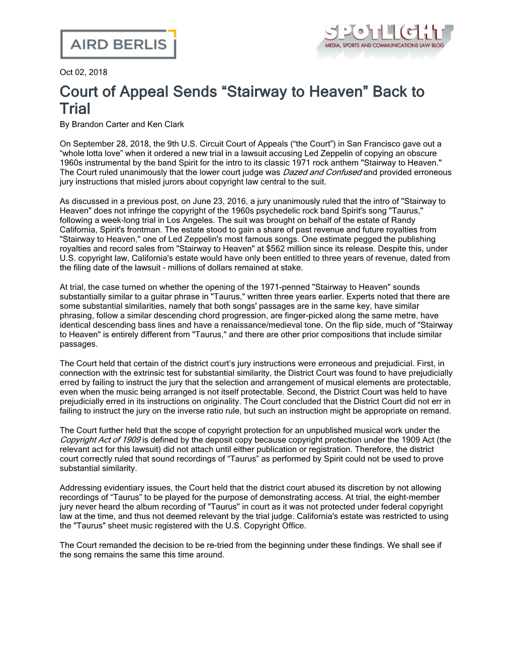 Court of Appeal Sends “Stairway to Heaven” Back to Trial by Brandon Carter and Ken Clark