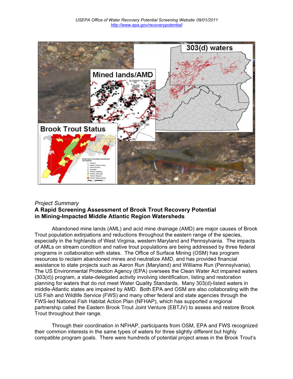 A Rapid Screening Assessment of Brook Trout Recovery Potential in Mining-Impacted Middle Atlantic Region Watersheds