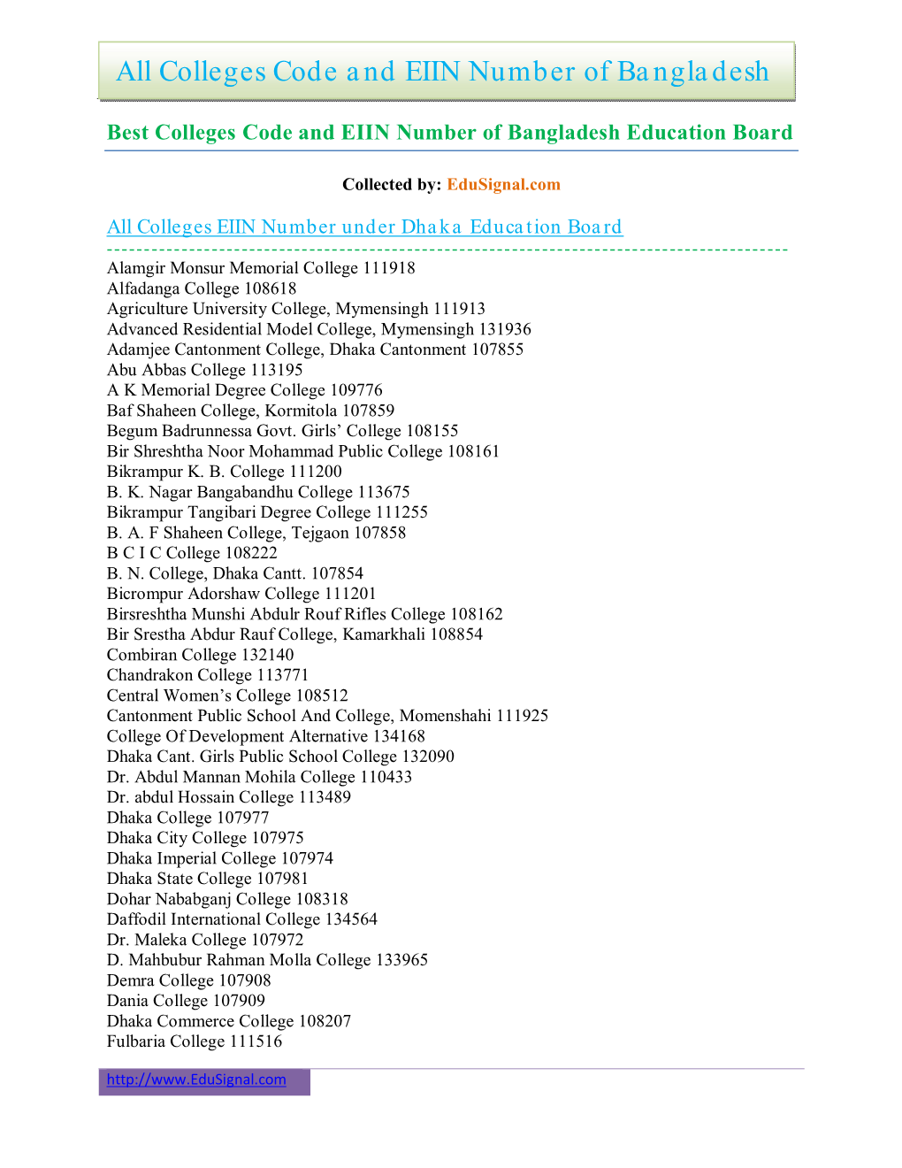 Colleges Code and EIIN Number of Bangladesh Education Board