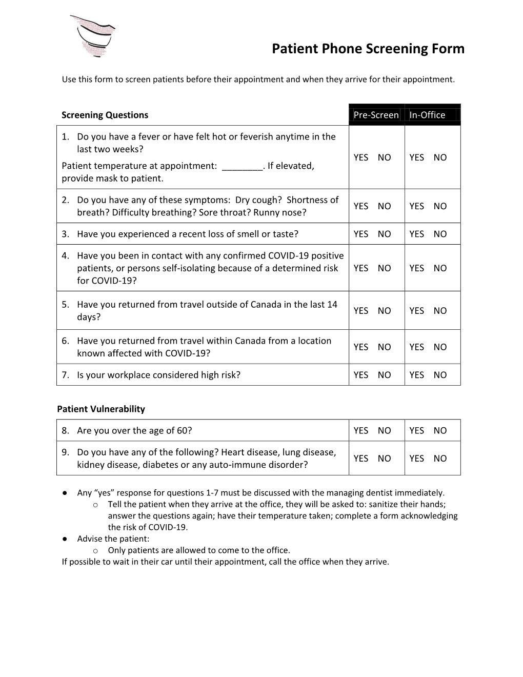 Patient Phone Screening Form