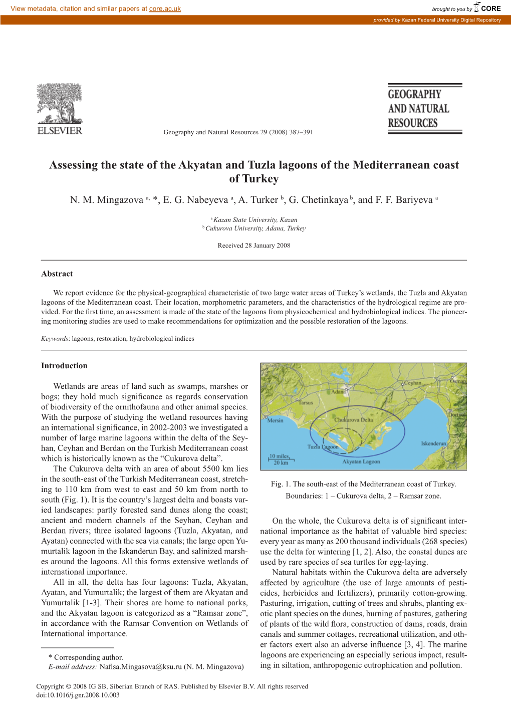 Assessing the State of the Akyatan and Tuzla Lagoons of the Mediterranean Coast of Turkey N