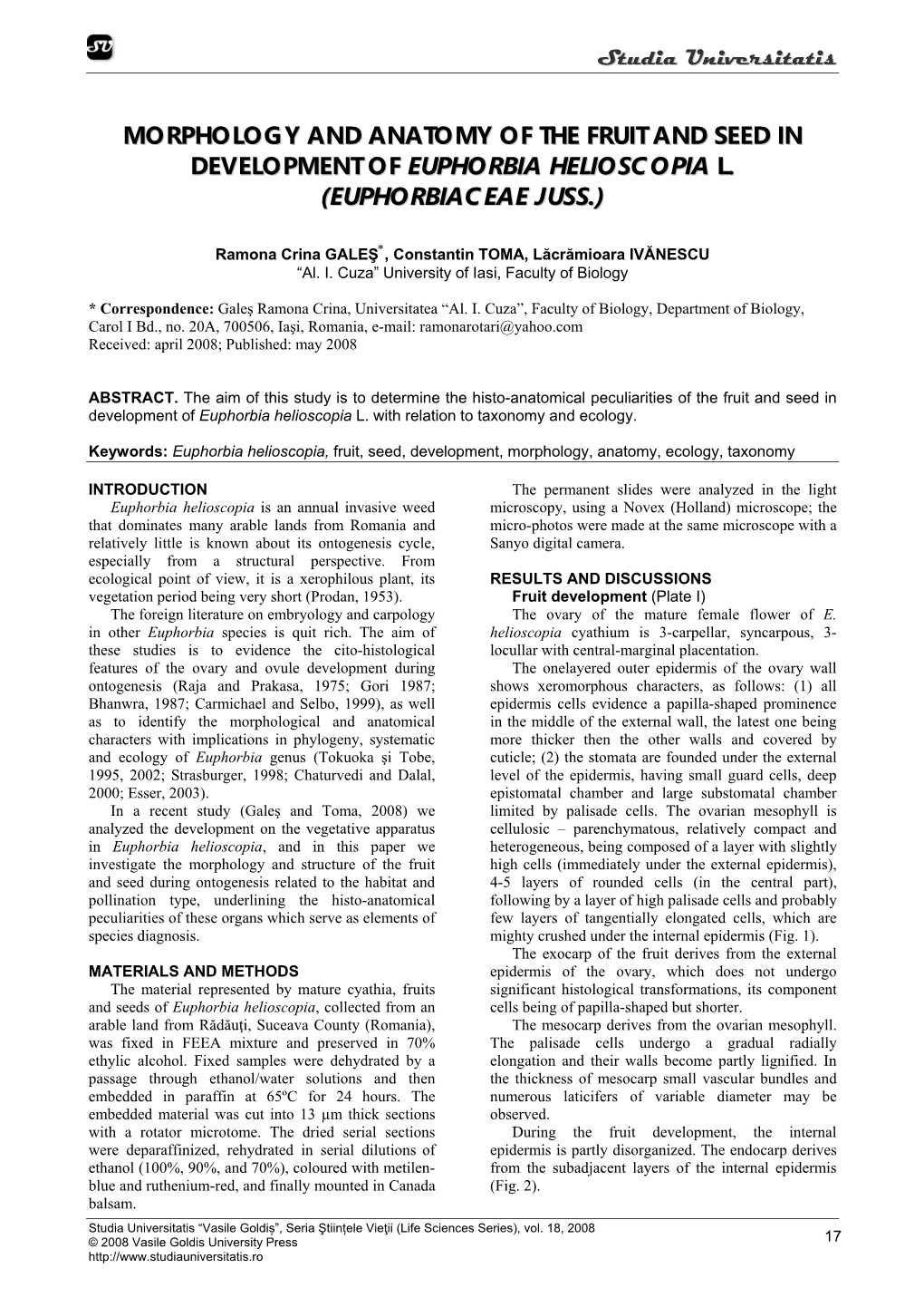 Morphology and Anatomy of the Fruit and Seed in Development of Euphorbia Helioscopia L