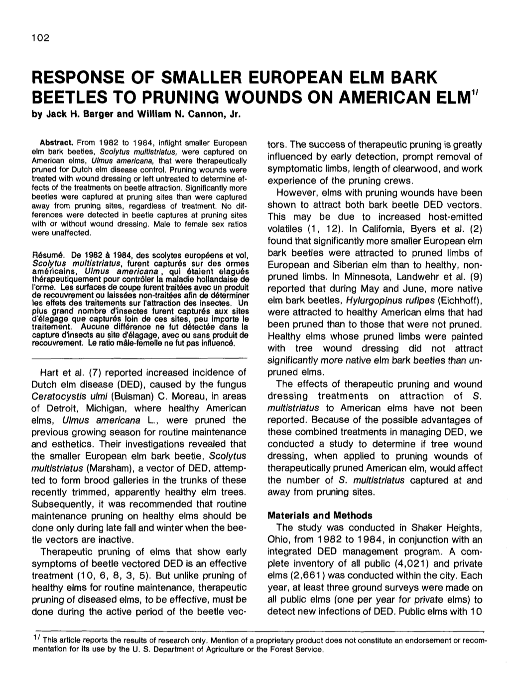 RESPONSE of SMALLER EUROPEAN ELM BARK BEETLES to PRUNING WOUNDS on AMERICAN ELM1' by Jack H