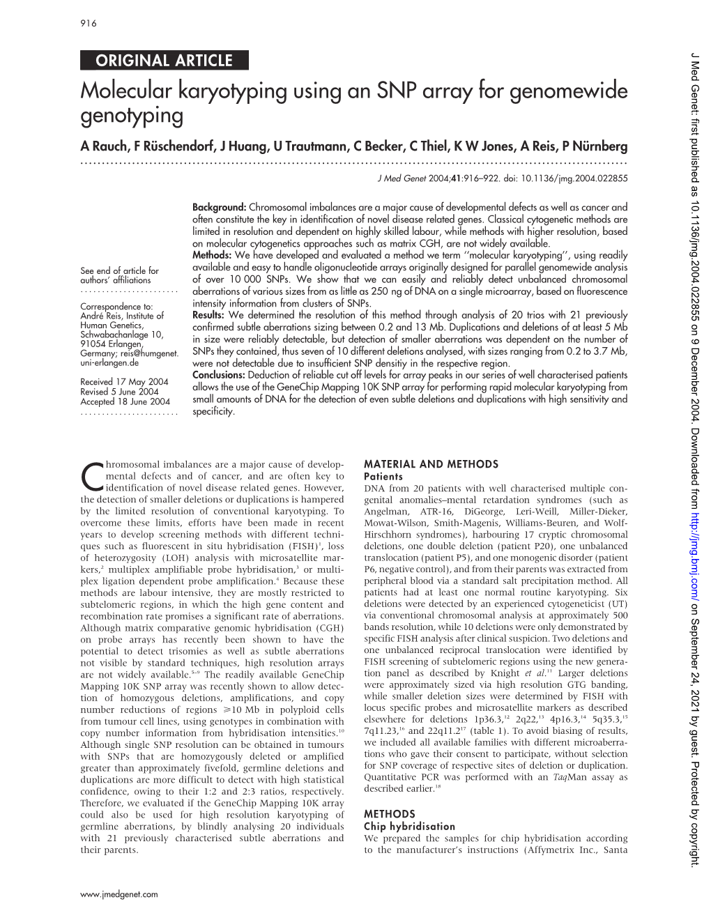 Molecular Karyotyping Using an SNP Array for Genomewide Genotyping