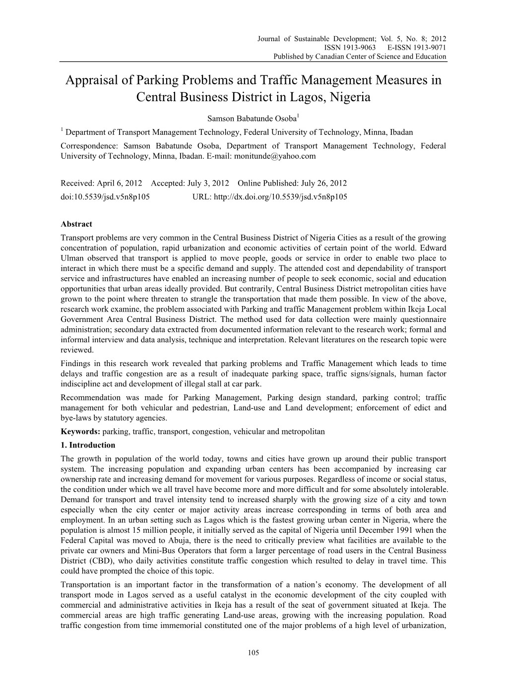 Appraisal of Parking Problems and Traffic Management Measures in Central Business District in Lagos, Nigeria