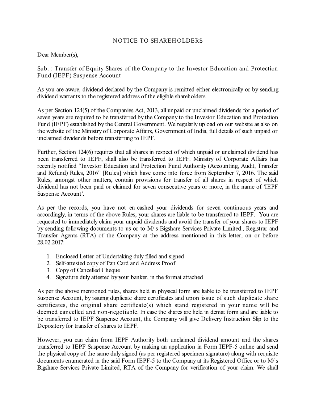 NOTICE to SHAREHOLDERS Dear Member(S), Sub. : Transfer of Equity