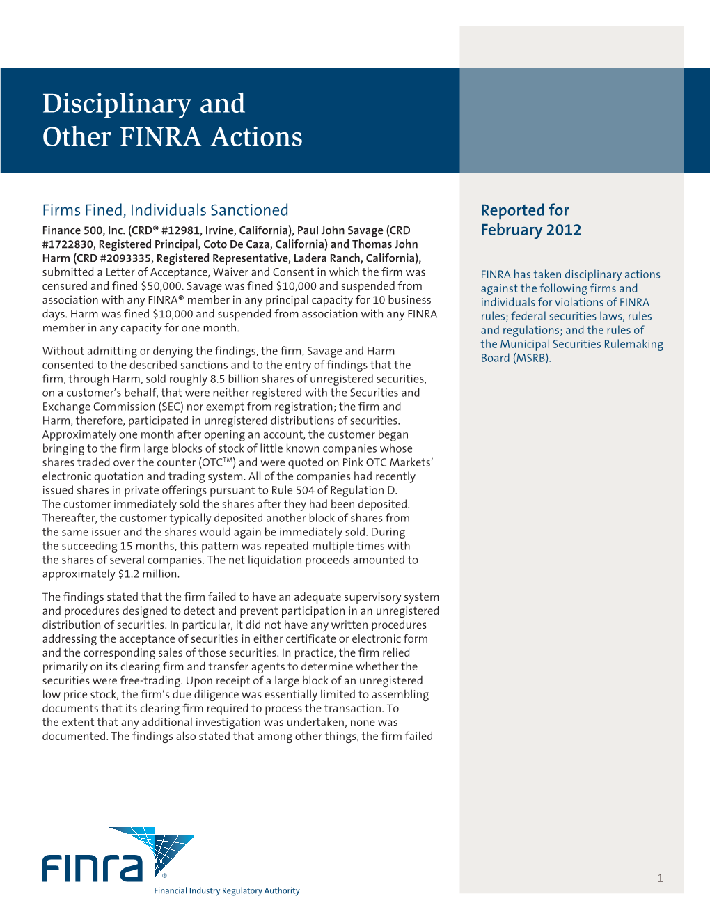 Disciplinary and Other FINRA Actions Reported for February 2012