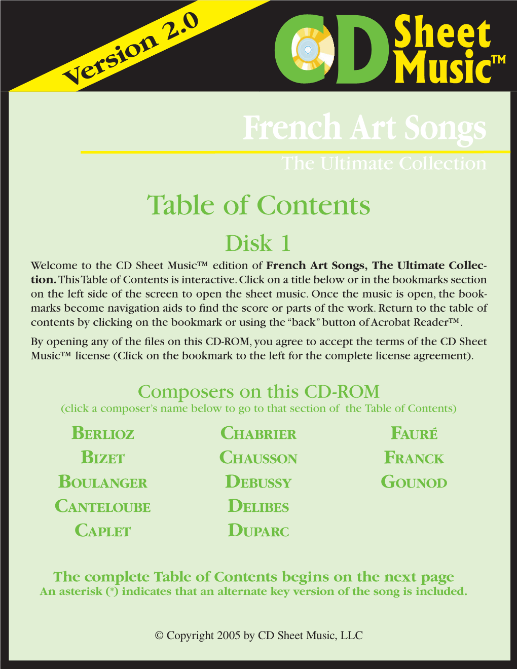 Table of Contents Disk 1 Welcome to the CD Sheet Music™ Edition of French Art Songs, the Ultimate Collec- Tion