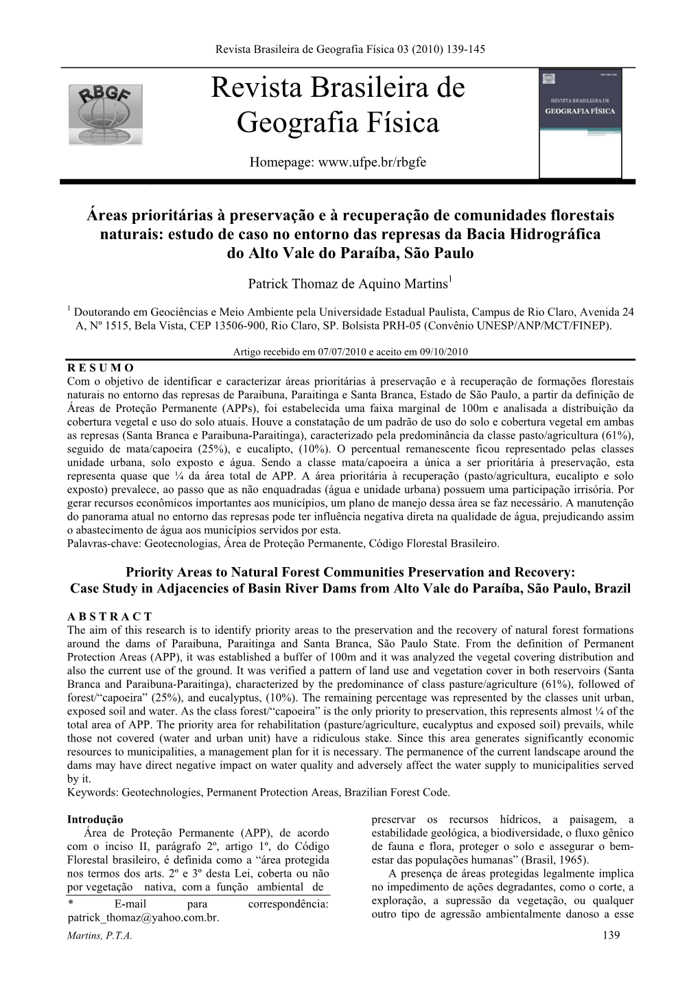 Revista Brasileira De Geografia Física 03 (2010) 139-145 Revista Brasileira De Geografia Física