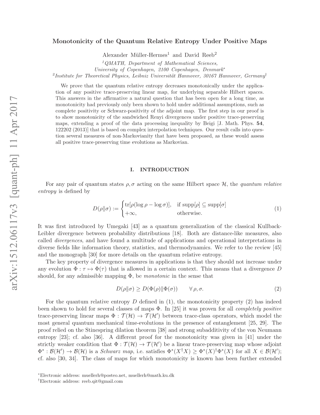 Arxiv:1512.06117V3 [Quant-Ph] 11 Apr 2017 Nrp 2] F Lo[6.Adﬀrn Ro O H Monotoni the for Proof Diﬀerent : a Φ That Condition [36]