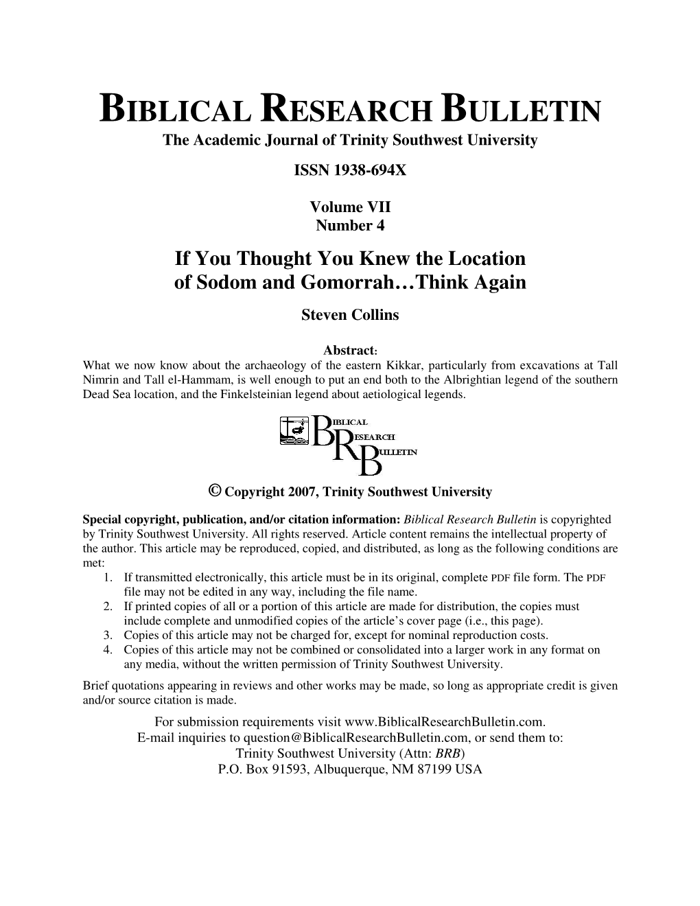 BIBLICAL RESEARCH BULLETIN the Academic Journal of Trinity Southwest University