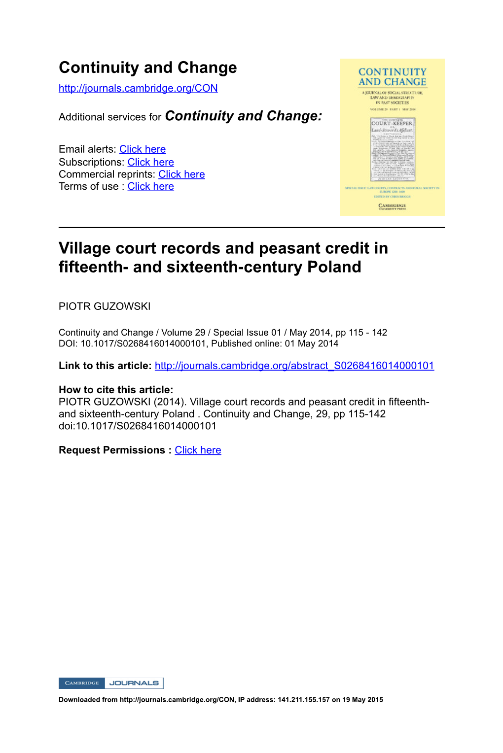 Continuity and Change Village Court Records and Peasant Credit in Fifteenth- and Sixteenth-Century Poland