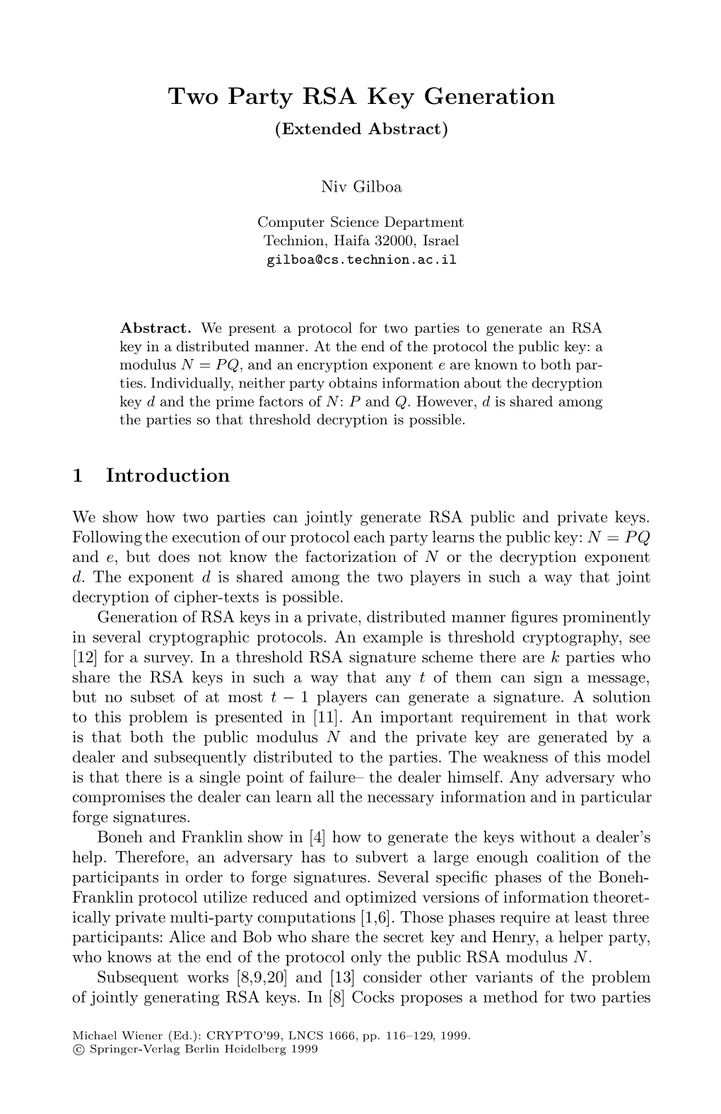 Two Party RSA Key Generation (Extended Abstract)