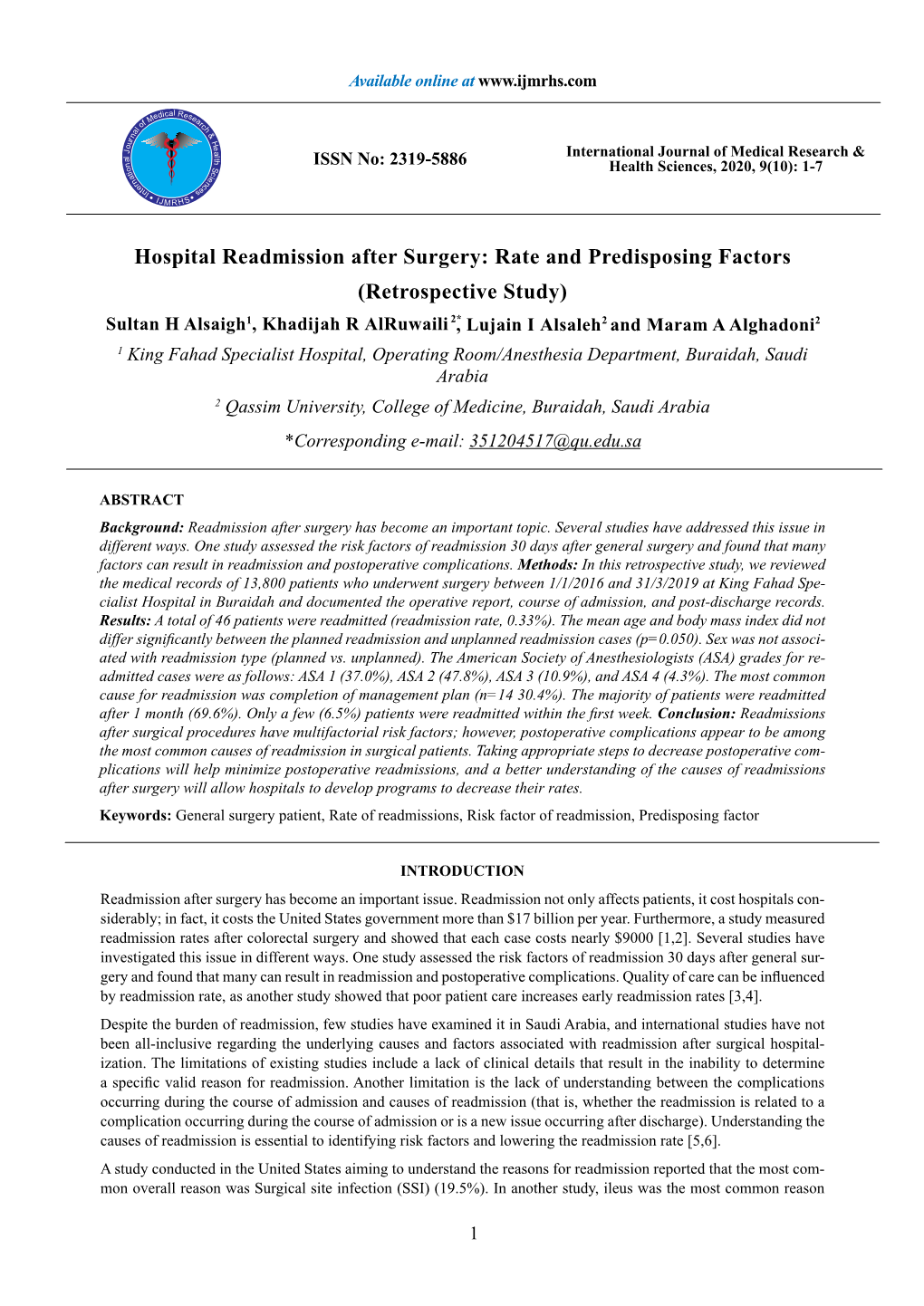 Hospital Readmission After Surgery: Rate and Predisposing Factors