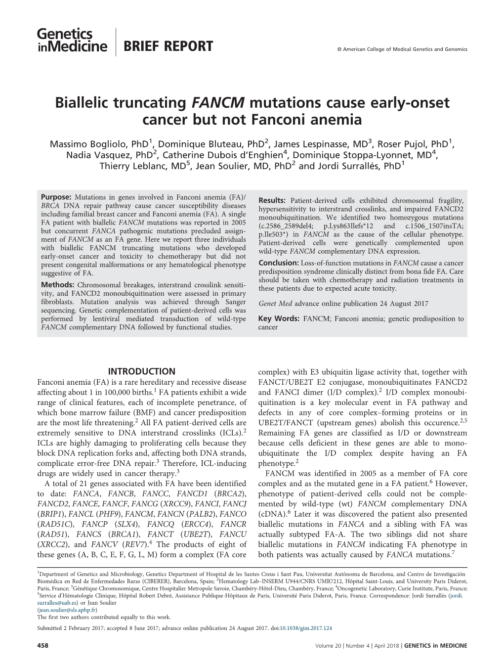 Biallelic Truncating FANCM Mutations Cause Early-Onset Cancer but Not Fanconi Anemia