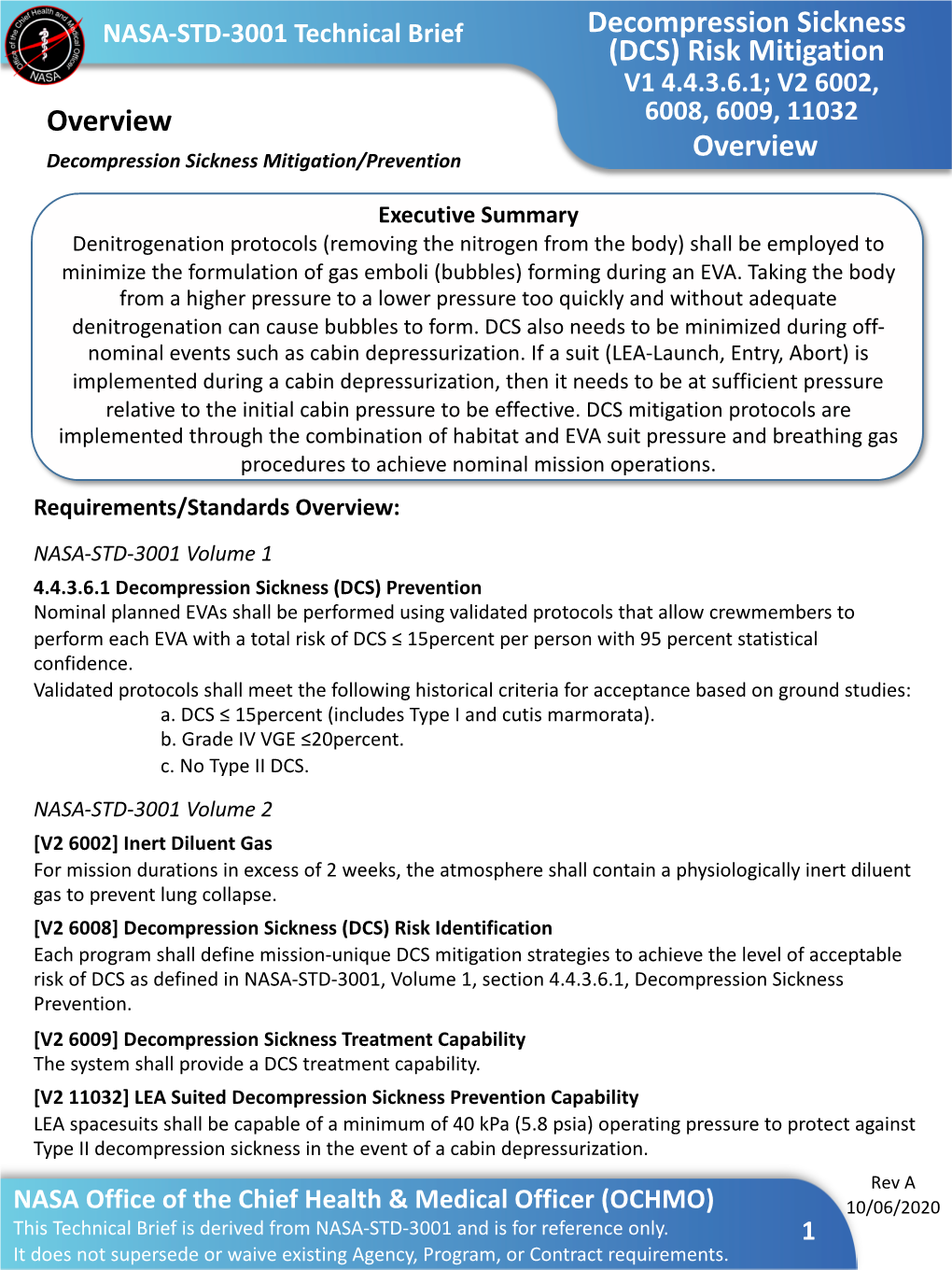 Decompression Sickness (DCS) Risk Mitigation NASA-Standard-3001