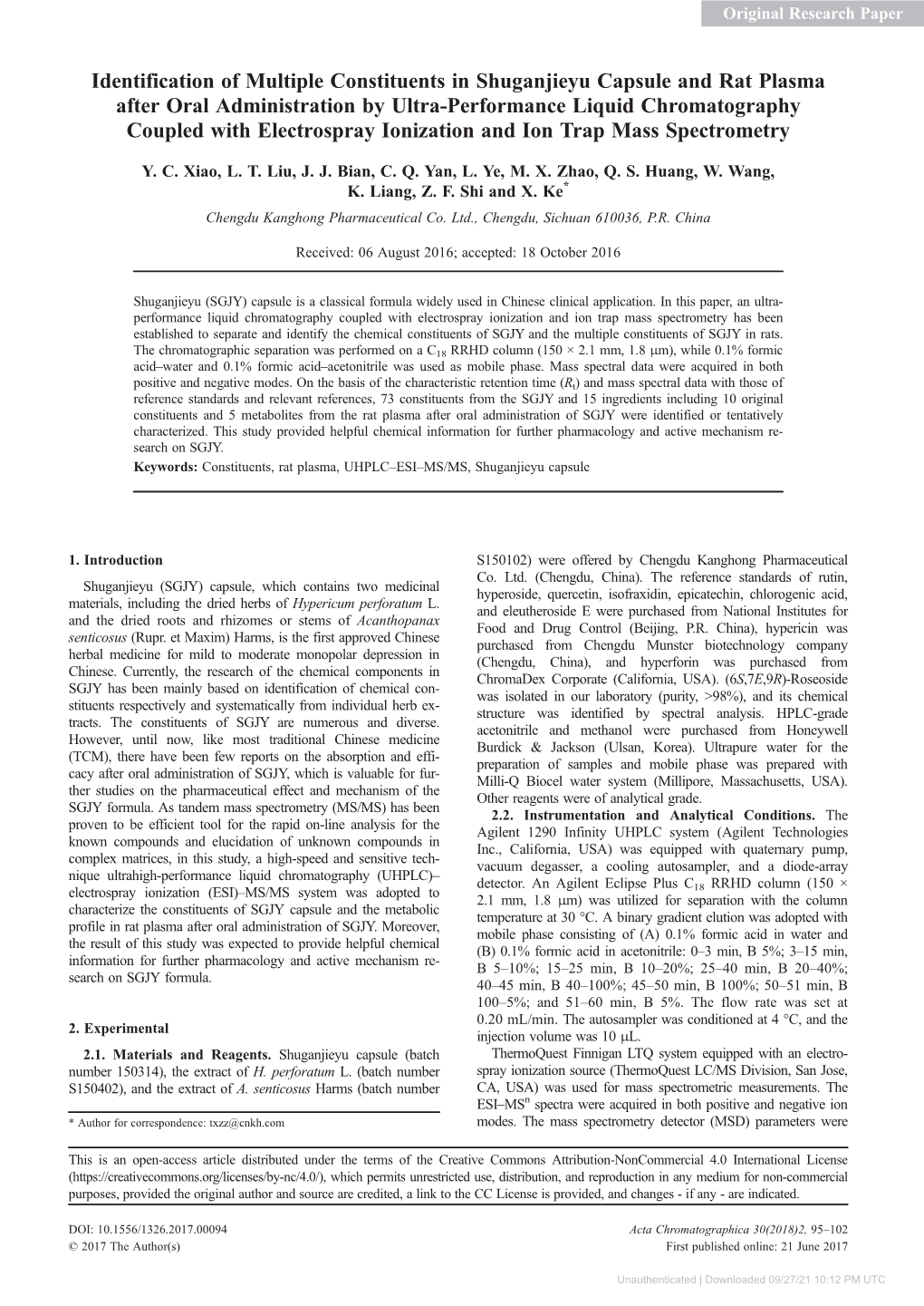 Identification of Multiple Constituents in Shuganjieyu Capsule and Rat