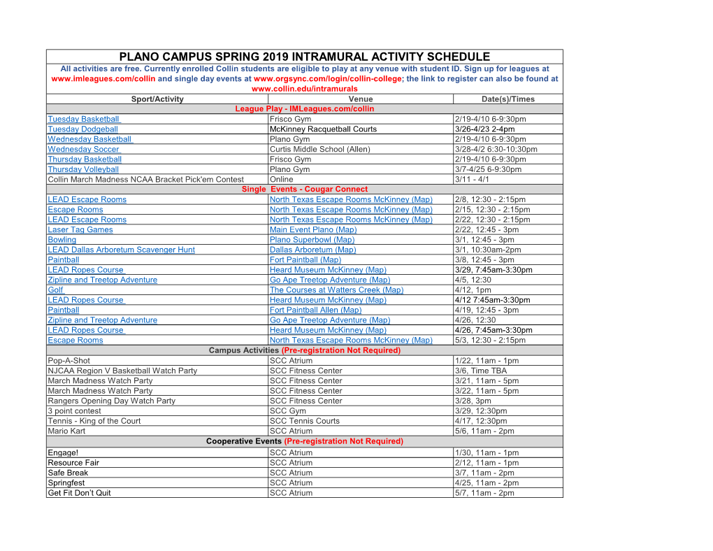 PLANO CAMPUS SPRING 2019 INTRAMURAL ACTIVITY SCHEDULE All Activities Are Free