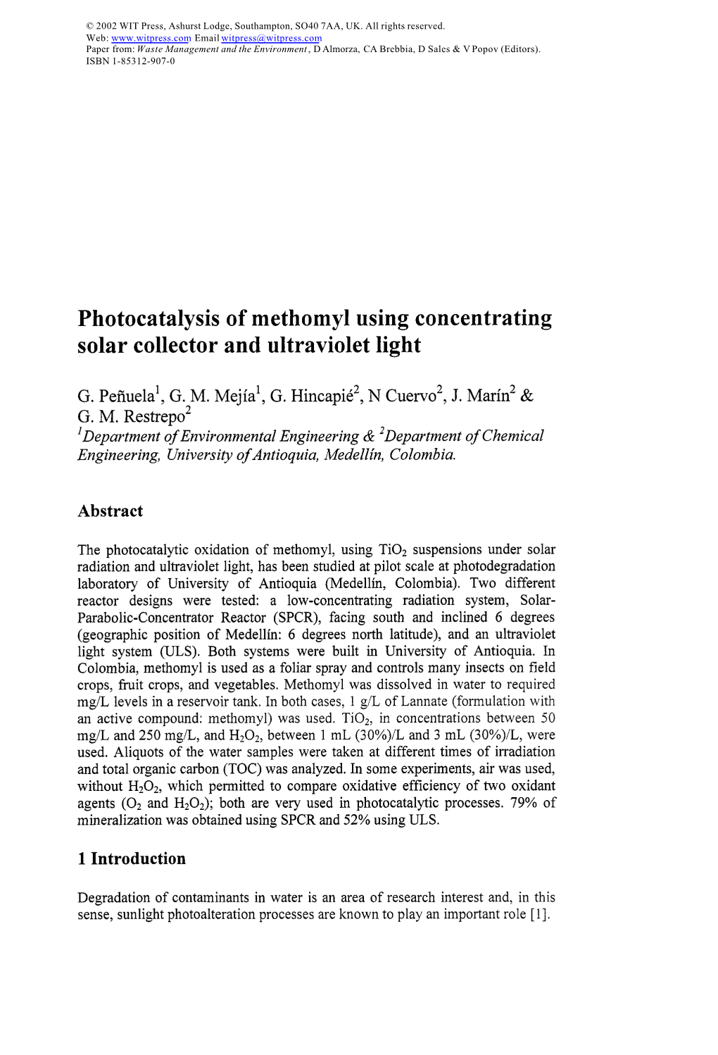 Photocatalysis of Methomyl Using Concentrating Solar Collector and Ultraviolet Light