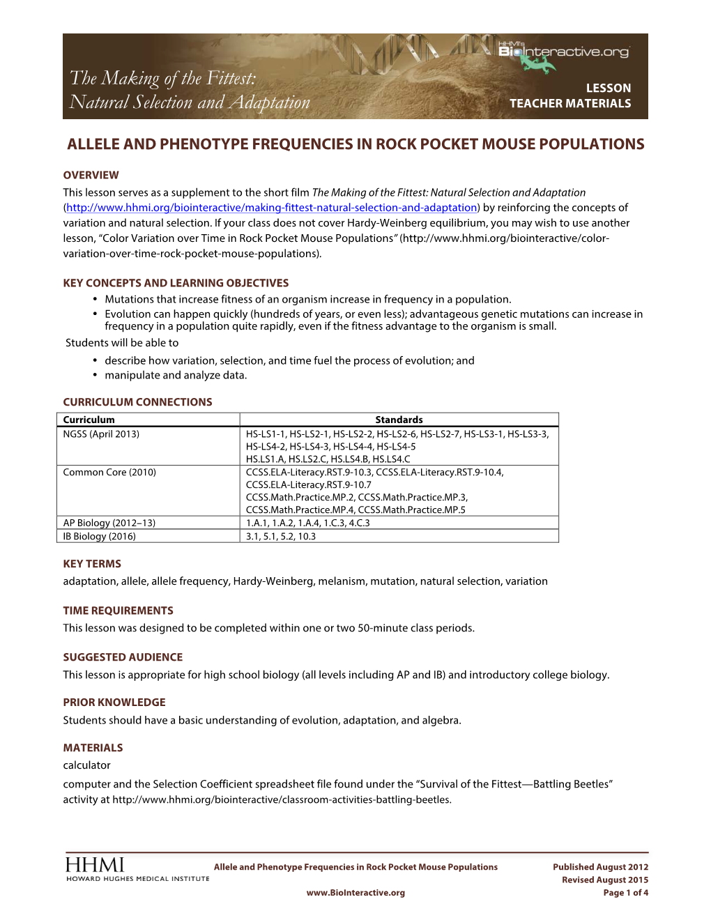 Natural Selection and Adaptation TEACHER MATERIALS