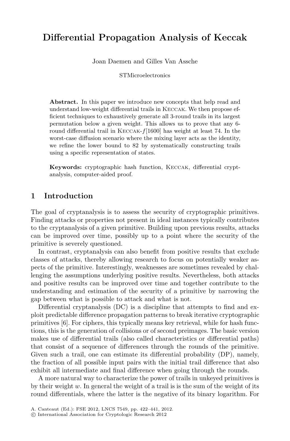 Differential Propagation Analysis of Keccak