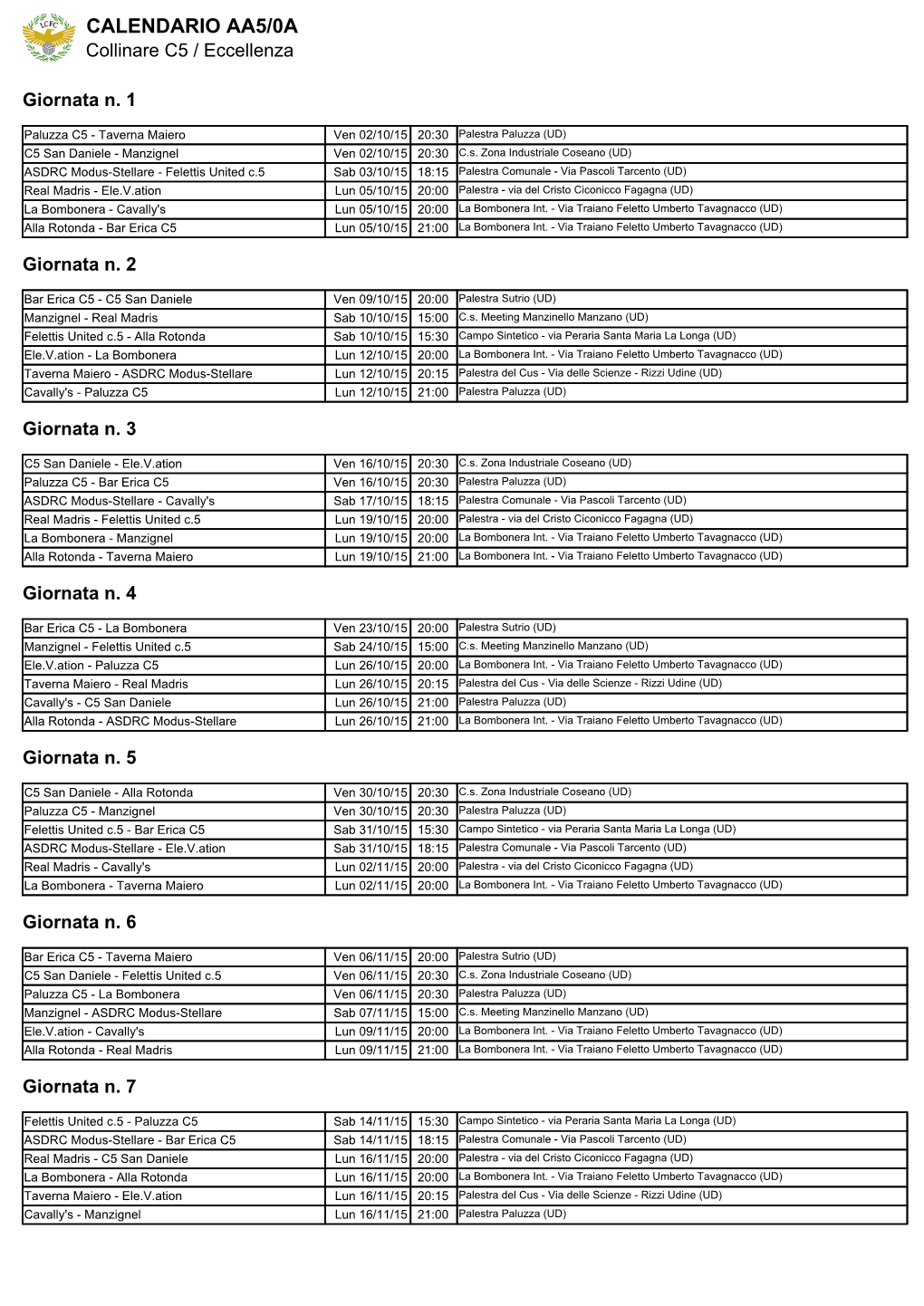 CALENDARIO AA5/0A Collinare C5 / Eccellenza