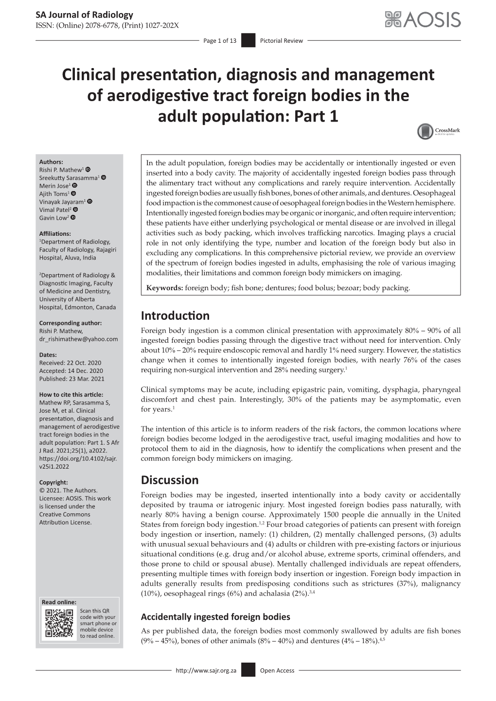 Clinical Presentation, Diagnosis and Management of Aerodigestive Tract Foreign Bodies in the Adult Population: Part 1