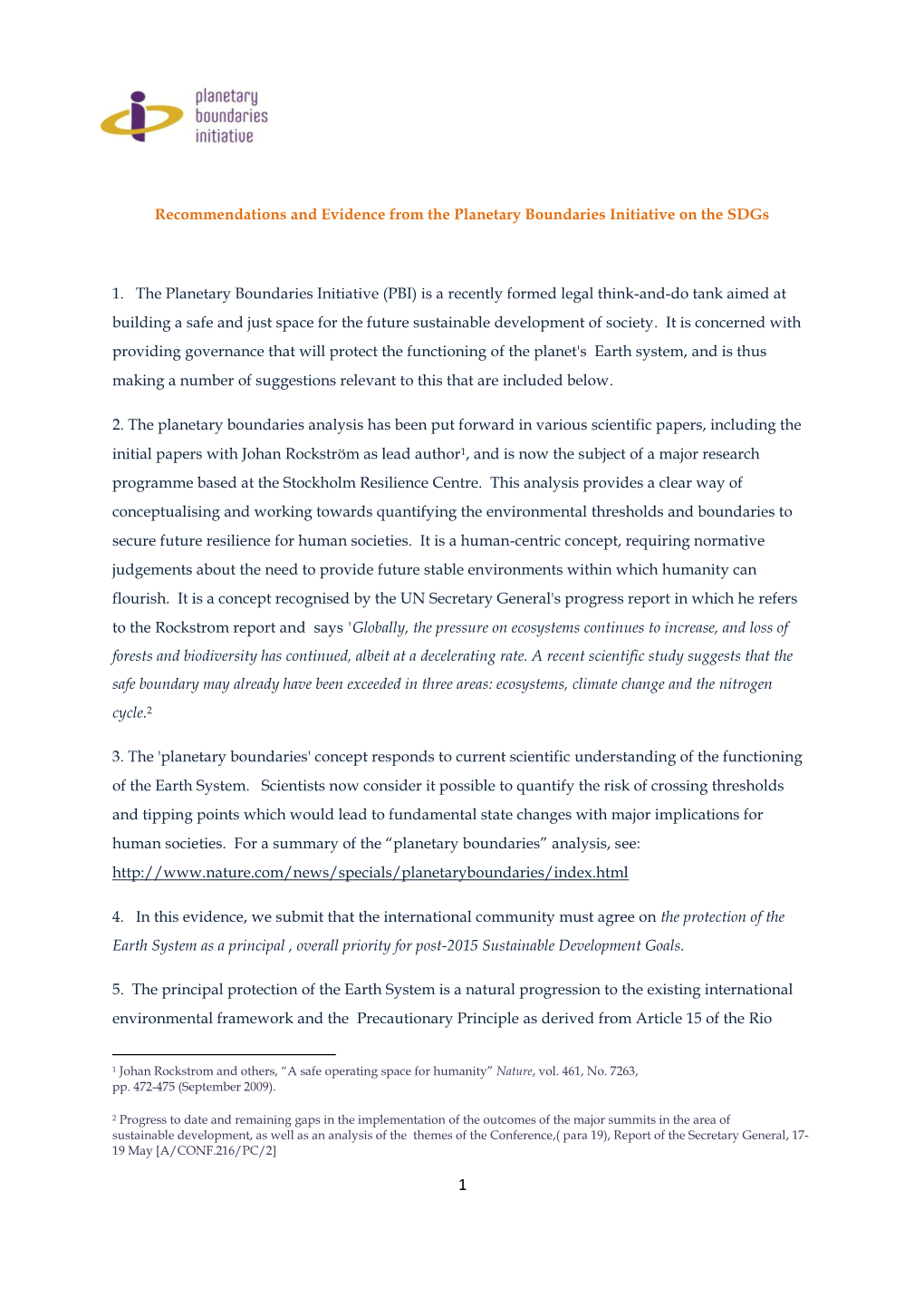 Recommendations and Evidence from the Planetary Boundaries Initiative on the Sdgs