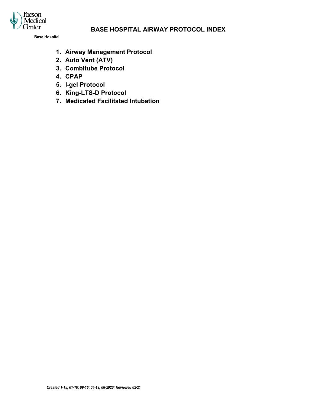 BASE HOSPITAL AIRWAY PROTOCOL INDEX Base Hospital