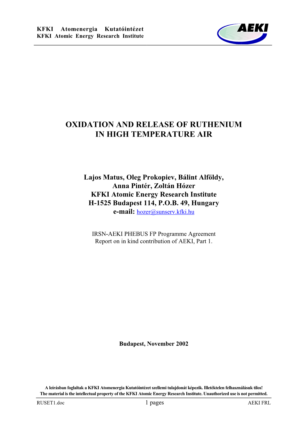 Oxidation and Release of Ruthenium in High Temperature Air