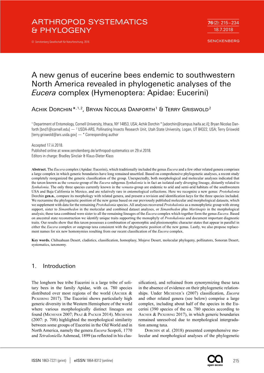 A New Genus of Eucerine Bees Endemic to Southwestern North America Revealed in Phylogenetic Analyses of the Eucera Complex (Hymenoptera: Apidae: Eucerini)